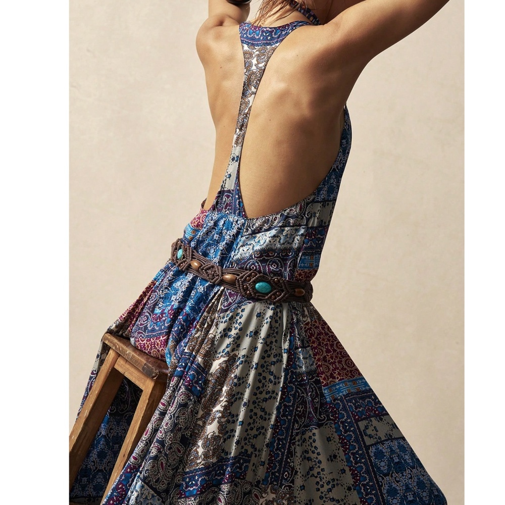 Boho Multicolor Color block Patchwork Racerback Maxi Dress - Picture 5 of 6